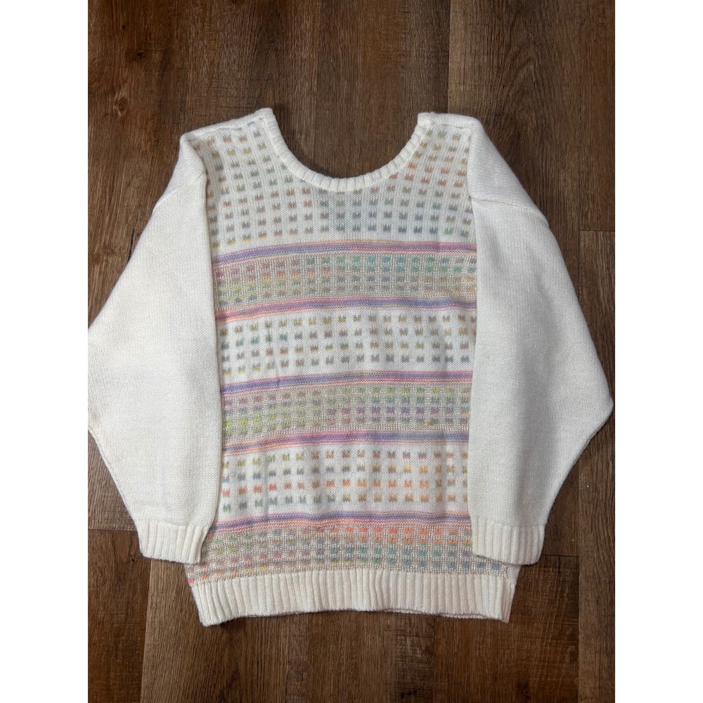 Vintage Justin Allen Pastel Metallic Knit Sweater Made in USA Cream Scoop Neck
